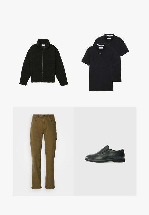 Svart faux fur-jacka med hög krage, dragkedjestängning, elastiska manschetter och ett kviltat mönster. Har sidofickor och en mjuk textur.; Två svarta polo t-shirts, kortärmade, i bomullsmaterial, med en klassisk krage, tvåknappsslutning och vita randiga accenter inuti kragen.; Olivgrön bomullsbyxor med rak passform, med knappstängning fram och sidofickor. Slät textur och ren design.; Svart lädersko i slip-on-modell med en slät ovandel, sömnadsdetaljer, rund tå och låg gummihäl. Sulan har minimal mönstring.