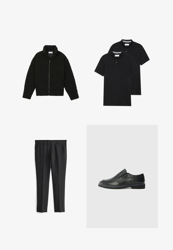 Juoda dirbtinė kailio striukė su aukštu apykakle, užtrauktuku, elastingomis rankovėmis ir siuvinėtu raštu. Su šoninėmis kišenėmis ir švelnia tekstūra.; Du žaidimų juodos polo marškiniai, trumpomis rankovėmis, pagaminti iš medvilnės, su klasikinėmis apykaklėmis, dviem mygtukais priekyje ir baltais dryžiais apykaklės viduje.; Juodos pritaikytos kelnės su lygiu priekiu, dviem šoninėmis kišenėmis ir mygtuko uždarymu. Lygus audinys ir tiesios kelnės.; Juodai odiniai įtvirtinimo batai su lygiu paviršiumi, siuvinėjimo akcentais, apvalia nosimi ir žemu guminiu kulnu. Pado raštas minimalus.