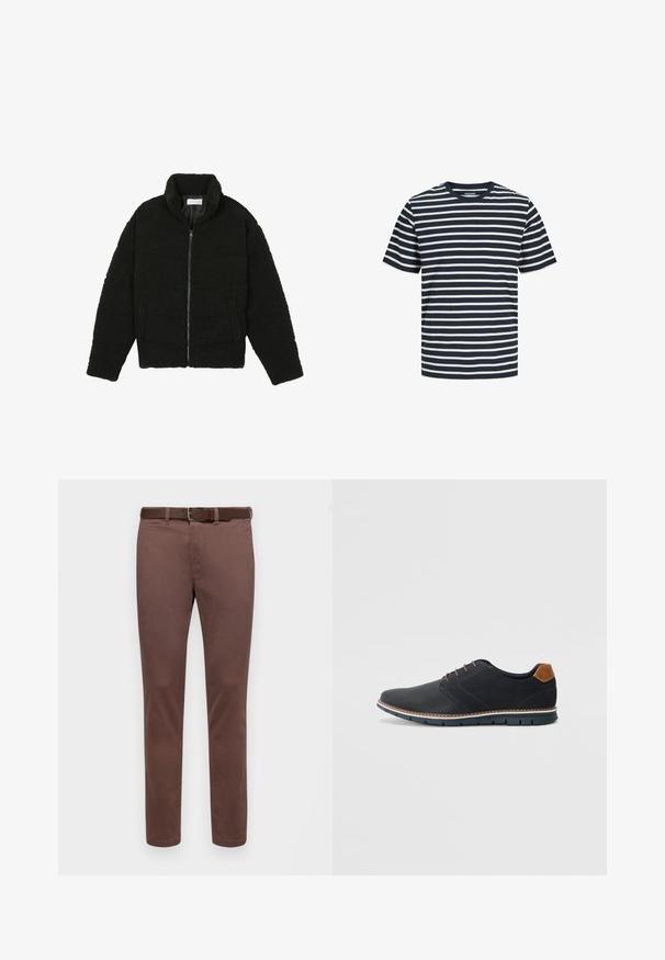 Must must karusnahast jakk kõrge kraega, lukuga sulgemine, elastsed varrukad ja tikandmuster. Omab küljetaskuid ja pehmet tekstuuri.; Tumesinine ja valge triibuline lühikeste varrukatega T-särk, valmistatud puuvillast. Ükslane sobivus, ümmargune kaelus ja sile tekstuur ühtlaste horisontaalsete triipudega.; Pruunid puuvillased püksid sirge lõikega, sujuva tekstuuriga ja sobiva vöödiga. Ilma nähtavate mustrite või aktsentideta.; Mustavad sünteetilised jalatsid tekstureeritud pealsega, siledad aktsendid, pruun kand ja kontrastne tall. Omab minimaalset lukkude ja õmbluste dekoratsiooni.