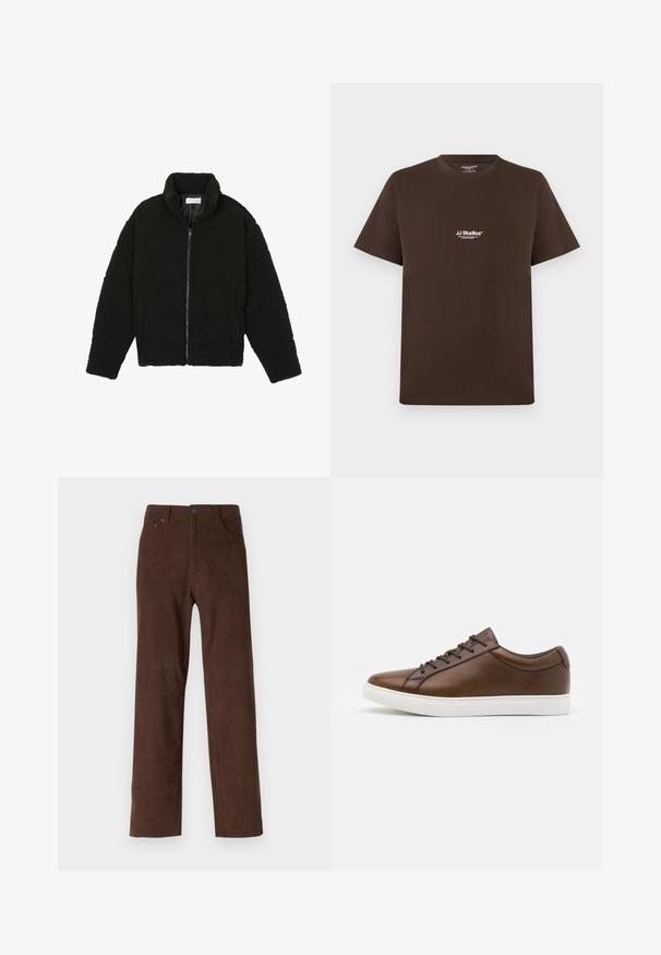 Black faux fur jacket with a high collar, zip closure, elastic cuffs, and a quilted design. Features side pockets and a soft texture.; Brown cotton t-shirt with short sleeves, round neck, and a small white logo on the chest. Smooth texture and regular fit.; Brown corduroy trousers with a straight fit, featuring a button and zip closure, two front pockets, and a textured ribbed pattern.; Brown leather sneakers with a rounded toe, white rubber sole, and five lace-up eyelets. Features subtle branding on the heel.