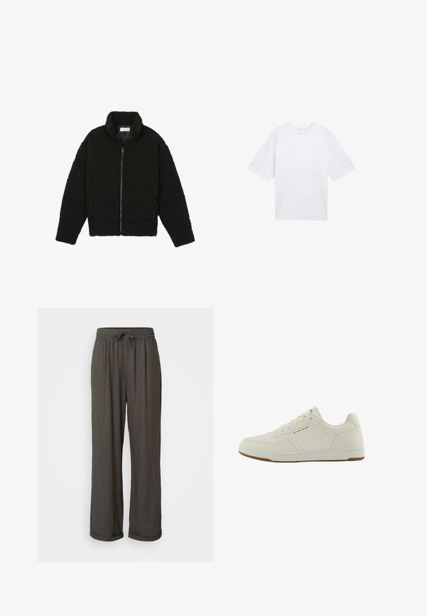 Černá umělá kožešinová bunda s vysokým límcem, zipovým uzávěrem, elastickými manžetami a prošívaným designem. Obsahuje postranní kapsy a jemnou texturu.; Bílý krátký rukáv tričko vyrobené z bavlny. Uvolněný střih s kulatým výstřihem. Hladká textura a žádné viditelné vzory či akcenty.; Tmavě šedé kalhoty s širokým střihem a stahovacími šňůrkami v pase, vyrobené z měkké, texturované tkaniny, s ohrnutými manžetami u kotníků.; Bílé tenisky s hladkým syntetickým svrškem, zaoblenou špičkou a šněrováním. Mají perforace pro prodyšnost a gumovou podrážku.