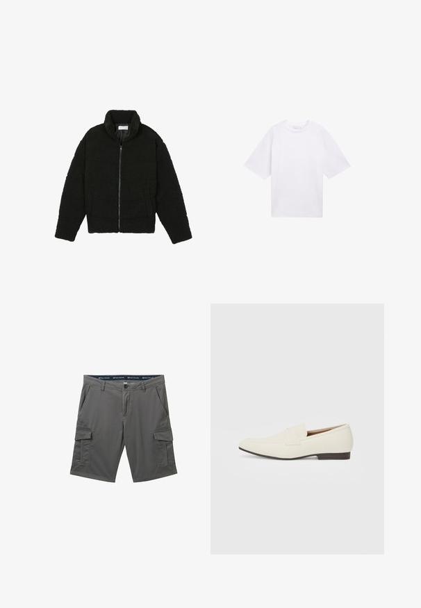 Black faux fur jacket with a high collar, zip closure, elastic cuffs, and a quilted design. Features side pockets and a soft texture.; White short-sleeve T-shirt made of cotton. Relaxed fit with a crew neckline. Smooth texture and no visible patterns or accents.; Gray cargo shorts with a waistband logo, multiple pockets, a button closure, and a textured fabric. Designed for functionality and comfort.; Light beige loafers with a pointed toe, smooth material, a strap across the vamp, and a low brown sole. Simple design with minimal accents.