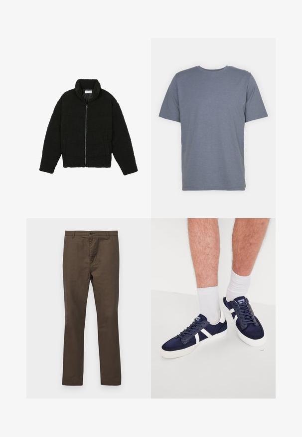 Svart faux fur-jacka med hög krage, dragkedjestängning, elastiska manschetter och ett kviltat mönster. Har sidofickor och en mjuk textur.; Grå T-shirt med kort ärm och rund hals, tillverkad av mjukt bomullsblandat tyg. Enkel design, utan mönster eller accenter.; Bruna bomullbyxor med rak bendesign, utrustade med knappstängning och bältesöglor, slät yta utan mönster eller dekorativa inslag.; Mörkblå sneakers med vita detaljer och snören, som har en slank design, tillverkade av kanvas och gummi, med texturerad tå och sidor.