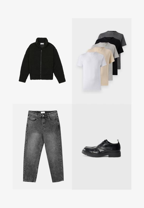 Černá umělá kožešinová bunda s vysokým límcem, zipovým uzávěrem, elastickými manžetami a prošívaným designem. Obsahuje postranní kapsy a jemnou texturu.; Sada pěti triček s krátkým rukávem v bílé, béžové, světle šedé, tmavě šedé a černé barvě. Vyrobena z hladké bavlny, s designem kulatého výstřihu.; Černé prané rovné džíny s předními a zadními kapsami, poutky na opasek a knoflíkovým zapínáním v pase.; Černé kožené společenské boty s kulatou špičkou, šněrováním a dekorativním švem. Obsahují silnou, texturovanou gumovou podrážku a patní úchyt.