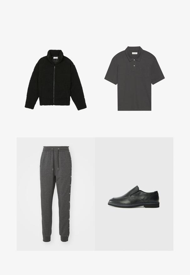 Fekete műszőrme dzseki magas gallérral, cipzáros záródással, rugalmas mandzsettákkal és steppelt mintázattal. Oldalsó zsebekkel rendelkezik, és puha tapintású.; Sötétszürke pólóing hagyományos gallérral, háromgombos gombolással, rövid ujjal és bal oldali zsebből. Sima szövettextúra.; Szürke melegítőnadrág, puha anyagból készült, állítható derékpánttal, bokakivágásokkal és snap gombokkal az oldalán a könnyű felvétel érdekében.; Fekete bőr, slip-on cipő sima felsőrésszel, varrott díszítéssel, lekerekített orral és alacsony gumitalppal. A talpa minimális bordázattal rendelkezik.