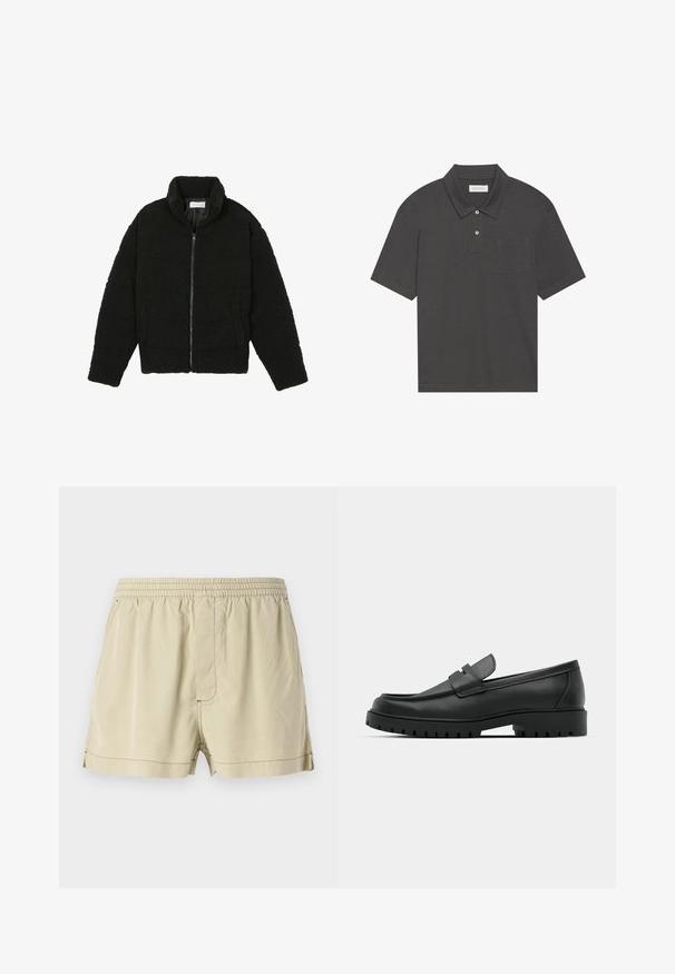 Black faux fur jacket with a high collar, zip closure, elastic cuffs, and a quilted design. Features side pockets and a soft texture.; Dark gray polo shirt with a traditional collar, three-button placket, short sleeves, and a left chest pocket. Smooth fabric texture.; Beige shorts made of lightweight fabric with an elastic waistband, flat front, and side seams. Features subtle texture and no pockets.; Black leather loafers with a rounded toe, featuring a stitched design, low platform sole, and a textured, lugged rubber outsole.