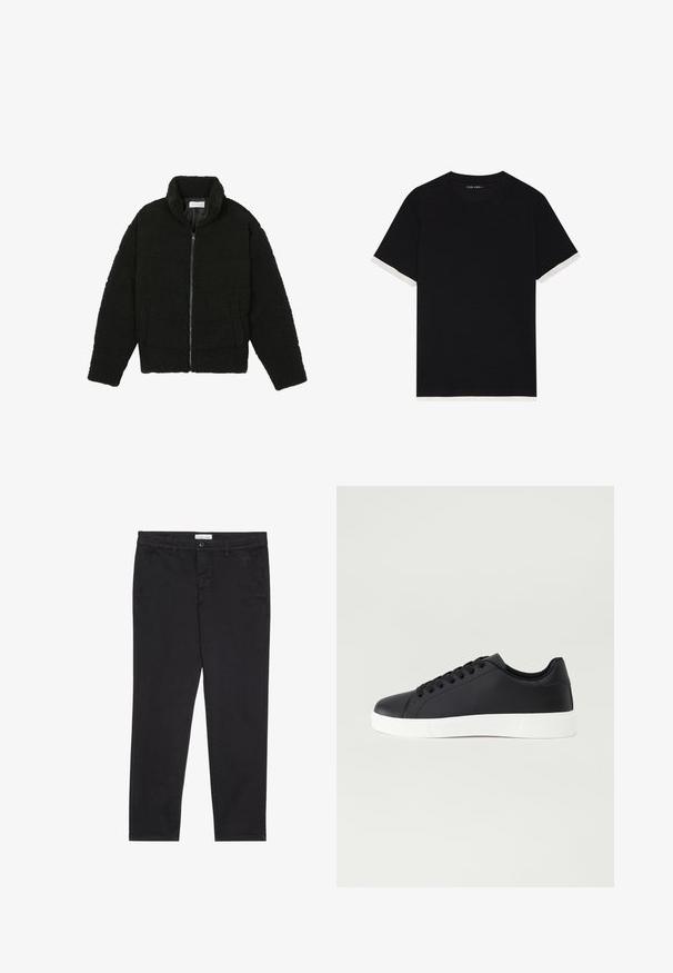 Black faux fur jacket with a high collar, zip closure, elastic cuffs, and a quilted design. Features side pockets and a soft texture.; Black short-sleeve t-shirt with a textured fabric, featuring white accents on the cuffs. Rounded neckline, relaxed fit.; Black cotton trousers with a slim fit, featuring two side pockets and a front button closure. Textured fabric with subtle detailing.; Pier One UNISEX - Trainers - black