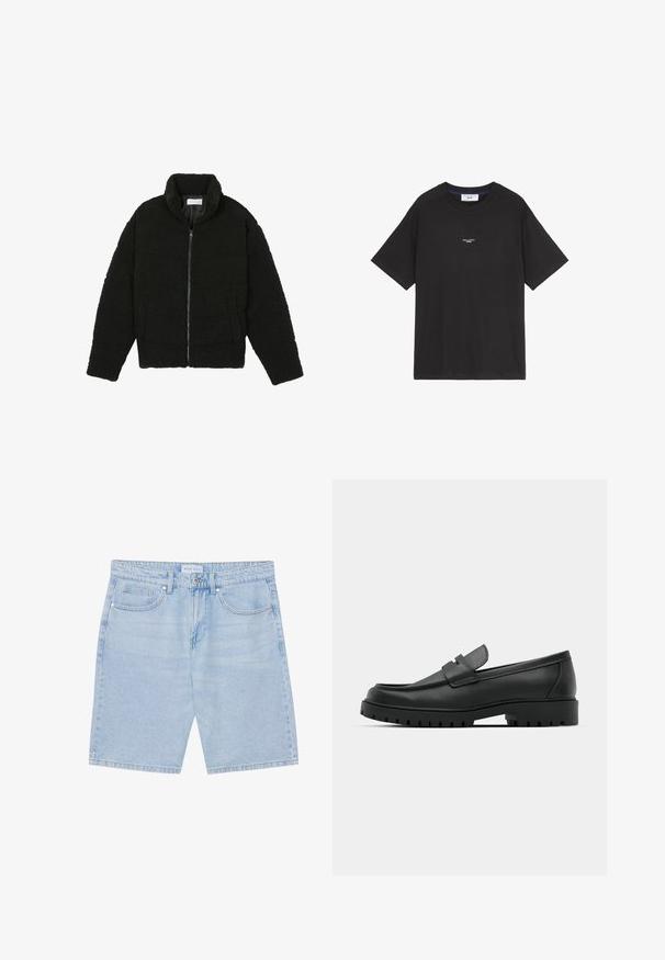 Musta tekokarvalehtijakku korkean kauluksen, vetoketjun, joustavat hihansuut ja tilkkutäkkikuvion. Sisältää sivutaskut ja pehmeän pinnan.; Musta puuvillapaita, jossa on pyöreä kaula-aukko ja lyhyet hihat. Edessä pieni valkoinen logo. Yksinkertainen muotoilu, rento istuvuus.; Vaaleansiniset farkkushortsit, joissa suora leikkaus, etutaskut, nappisuljenta ja haalistunut pinta. Klassinen viiden taskun muotoilu.; Musta nahkaloafers, joissa on pyöreä kärki, ommeltu pinta, matala alusta ja kuvioitu, kuminen ulkopohja.