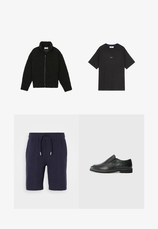 Must must karusnahast jakk kõrge kraega, lukuga sulgemine, elastsed varrukad ja tikandmuster. Omab küljetaskuid ja pehmet tekstuuri.; Mustmust värvi puuvillane T-särk ümmarguse kaelusega ja lühikeste varrukatega. Ees on väike valge logo detail. Lihtne disain, mugav lõige.; Tumesinised lühikesed püksid tekstuurse mustriga, elastse taljeosa ja paela sulgemisega. Omavad lõdvet istuvat lõiget ja ulatuvad üle põlve.; Must musta laia suuga king, millel on sile ülemine osa, õmmeldud detailid, ümmargune nina ja madal kummist konts. Tallal on minimaalne mustr.