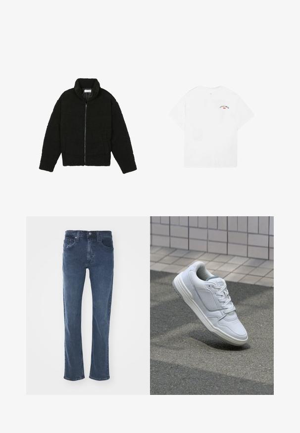 Chaqueta de pelaje sintético negro con cuello alto, cierre de cremallera, puños elásticos y un diseño acolchado. Cuenta con bolsillos laterales y una textura suave.; Camiseta blanca de algodón con mangas cortas, cuello redondo y un pequeño gráfico que dice "LA VILLE LUMIÈRE" en negro y rojo en la parte superior de la espalda.; Jeans de denim azul oscuro con un corte recto, diseño de cinco bolsillos, detalles sutiles de costura y una cinturilla clásica con cierre de botón.; Zapatilla blanca de cuero con lados perforados, acentos texturizados, cordones planos y un talón gris en contraste. Presenta una suela ligeramente elevada.