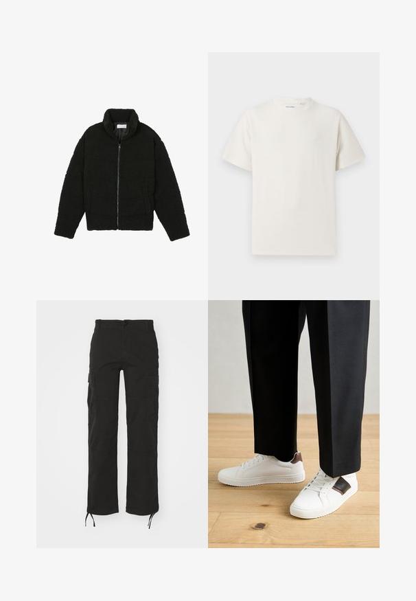 Juoda dirbtinė kailio striukė su aukštu apykakle, užtrauktuku, elastingomis rankovėmis ir siuvinėtu raštu. Su šoninėmis kišenėmis ir švelnia tekstūra.; Balta trumpa rankovė T-polo marškinėlių su juostelėmis tekstūra. Apvalus iškirpimas, laisvas fasonas, jokių matomų raštų ar akcentų. Paprastas ir universalus dizainas.; Juodos krovininės kelnės su tiesiomis kojomis, keliomis šoninėmis kišenėmis ir reguliuojamais raišteliais ant apdailos. Pagamintos iš patvarios medžiagos su lygaus paviršiaus tekstūra.; Balti sportbačiai su glotnia danga, puošti rudais odiniais akcentais ir juodais detalėmis, derinami su juodais pritaikytais kelnėmis. Medinių grindų fonas.