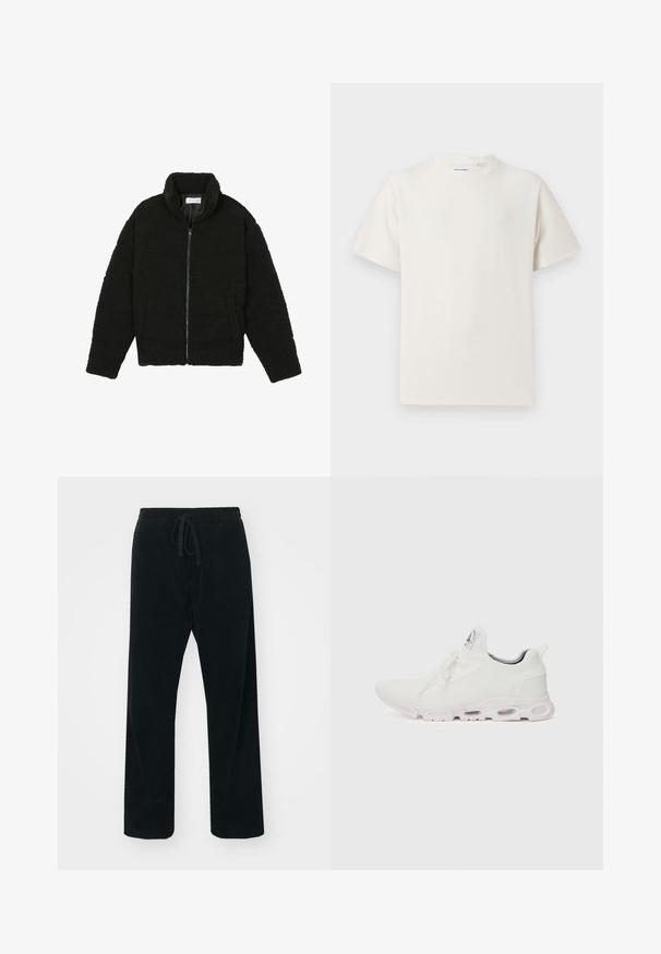 Čierna umelá kožušinová bunda s vysokým golierom, zipsom, elastickými manžetami a prešívaným dizajnom. Má bočné vrecká a jemnú textúru.; Biela krátka tričko s krátkym rukávom so žebrovanou textúrou. Okrúhly výstrih, uvoľnený strih, žiadne viditeľné vzory ani akcenty. Jednoduchý a všestranný dizajn.; Carhartt WIP FLOYDE PANT - Nohavice - black rinsed; Biele športové topánky so štruktúrovaným pleteným zvrškom, plochými šnúrkami a odpruženou podrážkou s viditeľnými vzduchovými komorami pre dodatočnú podporu.