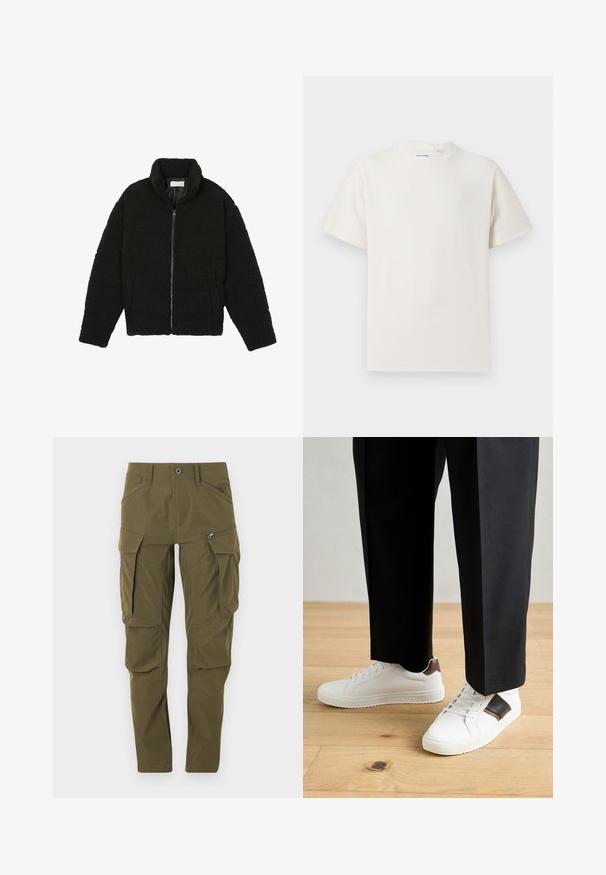 Melnā mākslīgā kažokādas jaka ar augstu apkakli, ar rāvējslēdzēju, elastīgām piedurknēm un kvadrātveida šuvēm. Iespējotas sānu kabatas un mīksta tekstūra.; Balta krūštura īsām piedurknēm ar ribota auduma faktūru. Apaļš kakla izgriezums, brīvs griezums, bez redzamām rakstām vai akcentiem. Vienkāršs un daudzpusīgs dizains.; Olīvu zaļas cargo bikses, kas izgatavotas no viegla auduma, ar vairākiem lieliem kabatām, vienu rāvējslēdzēja kabatu un taisnas kājas dizainu.; Baltā pārsoļa apavi ar gludu tekstūru, papildināti ar brūniem ādas akcentiem un melniem elementiem, savienoti ar melnām pielāgotām biksēm. Koka grīdas fons.