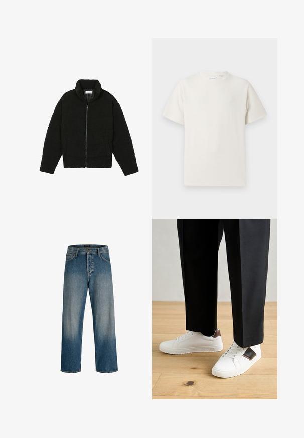 Čierna umelá kožušinová bunda s vysokým golierom, zipsom, elastickými manžetami a prešívaným dizajnom. Má bočné vrecká a jemnú textúru.; Biela krátka tričko s krátkym rukávom so žebrovanou textúrou. Okrúhly výstrih, uvoľnený strih, žiadne viditeľné vzory ani akcenty. Jednoduchý a všestranný dizajn.; Modré džínsy z denimu s uvoľneným strihom, rovnými nohavicami, jemným svetlým vyblednutím a ozdobnou páskou s logom.; Biele tenisky s hladkým povrchom, s hnedými koženými akcentmi a čiernymi detailmi, spárované s čiernymi elegantnými nohavicami. Pozadím je drevená podlaha.