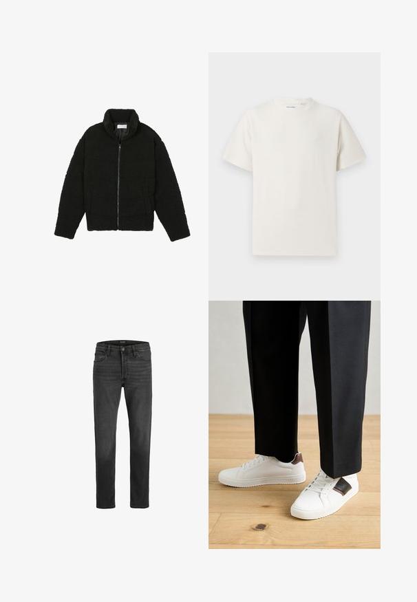 Svart fuskepelsjakke med høy krage, glidelås, elastiske mansjetter og quiltet design. Har sidelommer og en myk tekstur.; Hvit T-skjorte med kort erm i ribbestrikket tekstur. Rund hals, avslappet passform, ingen synlige mønstre eller detaljer. Enkelt og allsidig design.; Svarte denimjeans med rett passform, fem lommer og glidelås. Har subtil falming og kontrastsøm.; Hvite sneakers med glatt tekstur, med brune skinnakenter og svart detaljer, parret med svarte skreddersydde bukser. Bakgrunn med tregulv.