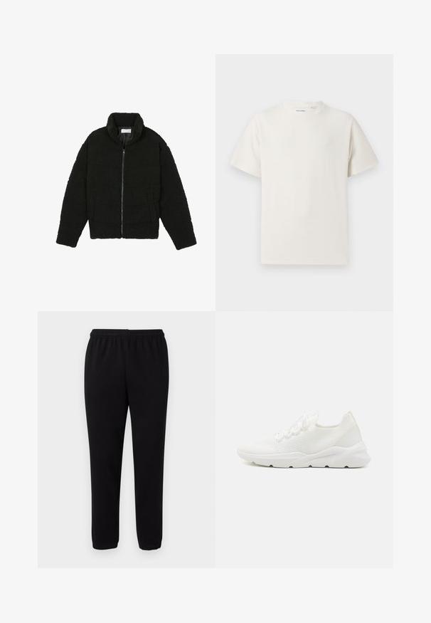 Črna jakna iz umetnega krzna z visokim ovratnikom, z zadrgo, elastičnimi manšetami in kviltanim dizajnom. Ima stranske žepke in mehak tekstur.; Bela majica s kratkimi rokavi iz rebraste tkanine. Okrogli izrez, sproščen kroj, brez vidnih vzorcev ali naglasov. Preprosta in vsestranska zasnova.; Črne casual trenirke z elastičnim pasom in manšetami na gležnjih, prikazane na osnovnem belem ozadju.; Bele športne superge z teksturiranim mrežastim zgornjim delom, oblazinjenim podplatom in tankimi vezalkami. Imajo eleganten, sodoben dizajn z zaobljenim nosom.