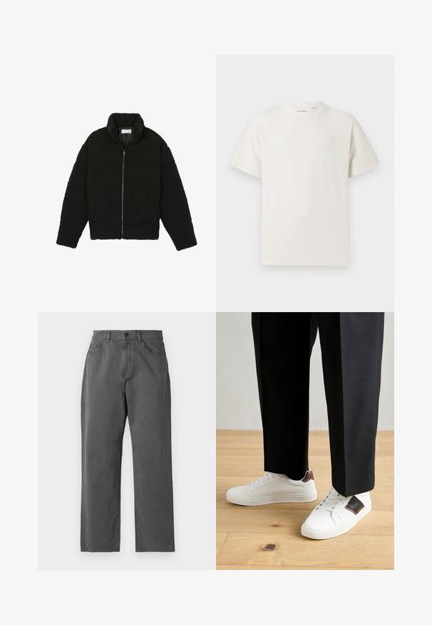 Fekete műszőrme dzseki magas gallérral, cipzáros záródással, rugalmas mandzsettákkal és steppelt mintázattal. Oldalsó zsebekkel rendelkezik, és puha tapintású.; Fehér, rövid ujjú póló bordázott textúrával. Kerek nyakkivágás, laza szabás, nincs látható minta vagy díszítés. Egyszerű és sokoldalú dizájn.; Szürke szövet nadrág egyenes szabással, gombos és cipzáras záródással, öt zsebbel és diszkrét varrási részletekkel.; Fehér sneaker, sima textúrával, barna bőr díszítéssel és fekete részletekkel, fekete szabott nadrággal párosítva. Fából készült padló háttér.