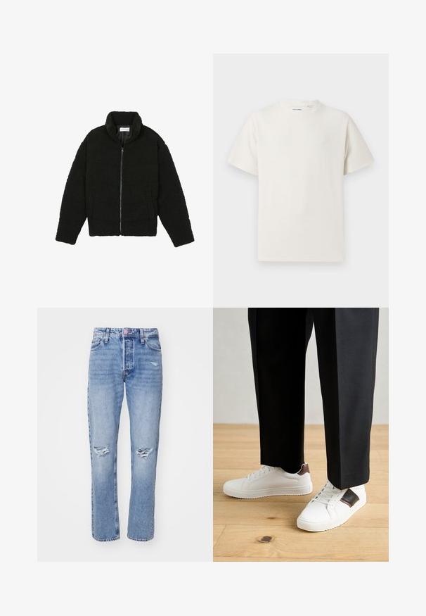 Crna jakna od umjetnog krzna s visokim ovratnikom, zatvaranjem na zip, elastičnim manžetama i kviltanim dizajnom. Sadrži bočne džepove i mekanu teksturu.; Bijela kratka majica s kratkim rukavima u rebrastoj teksturi. Okrugli izrez, ležeran kroj, bez vidljivih uzoraka ili akcenta. Jednostavan i svestran dizajn.; Svijetloplave traperice ravnog kroja, s razderotinama na koljenima i kopčanjem na gumb. Klasični dizajn s pet džepova.; Bijele tenisice s glatkom teksturom, s smešnim kožnim detaljima i crnim naglascima, u kombinaciji s crnim krojenim hlačama. Pozadina od drvenog poda.