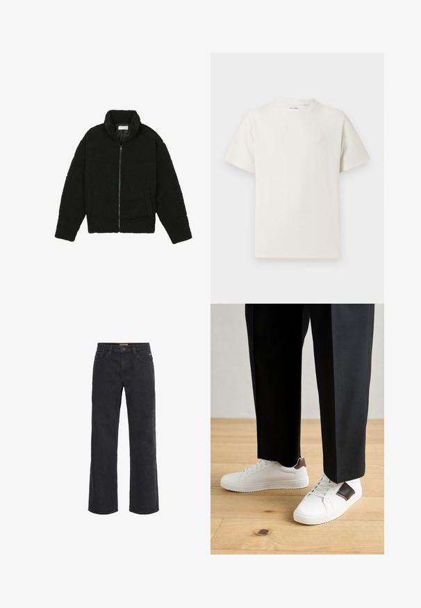 Melnā mākslīgā kažokādas jaka ar augstu apkakli, ar rāvējslēdzēju, elastīgām piedurknēm un kvadrātveida šuvēm. Iespējotas sānu kabatas un mīksta tekstūra.; Balta krūštura īsām piedurknēm ar ribota auduma faktūru. Apaļš kakla izgriezums, brīvs griezums, bez redzamām rakstām vai akcentiem. Vienkāršs un daudzpusīgs dizains.; Melnas džinsas platās kājas bikses ar pogu aizdari, piecām kabatām un nedaudz izbalējušu tekstūru. Taisna piegriezuma no jostas līdz apakšmalai.; Baltā pārsoļa apavi ar gludu tekstūru, papildināti ar brūniem ādas akcentiem un melniem elementiem, savienoti ar melnām pielāgotām biksēm. Koka grīdas fons.