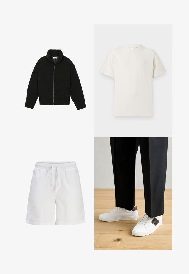 Black faux fur jacket with a high collar, zip closure, elastic cuffs, and a quilted design. Features side pockets and a soft texture.; White short-sleeve T-shirt in a ribbed texture. Round neckline, relaxed fit, no visible patterns or accents. Simple and versatile design.; White cotton shorts with an elastic waistband and drawstring. Features a relaxed fit and side seam pockets.; White sneakers with smooth texture, featuring brown leather accents and black detailing, paired with black tailored pants. Wooden floor background.