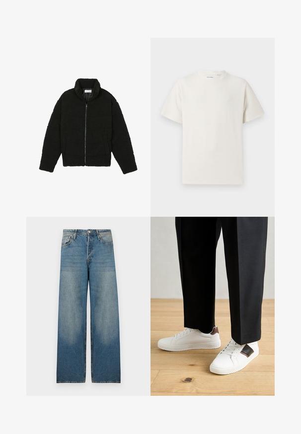 Melnā mākslīgā kažokādas jaka ar augstu apkakli, ar rāvējslēdzēju, elastīgām piedurknēm un kvadrātveida šuvēm. Iespējotas sānu kabatas un mīksta tekstūra.; Balta krūštura īsām piedurknēm ar ribota auduma faktūru. Apaļš kakla izgriezums, brīvs griezums, bez redzamām rakstām vai akcentiem. Vienkāršs un daudzpusīgs dizains.; Gaiši zili platleņķa džinsi no denima auduma, ar augstu jostasvietu, piecu kabatu dizainu un izbalējušām vietām, lai radītu retro izskatu.; Baltā pārsoļa apavi ar gludu tekstūru, papildināti ar brūniem ādas akcentiem un melniem elementiem, savienoti ar melnām pielāgotām biksēm. Koka grīdas fons.