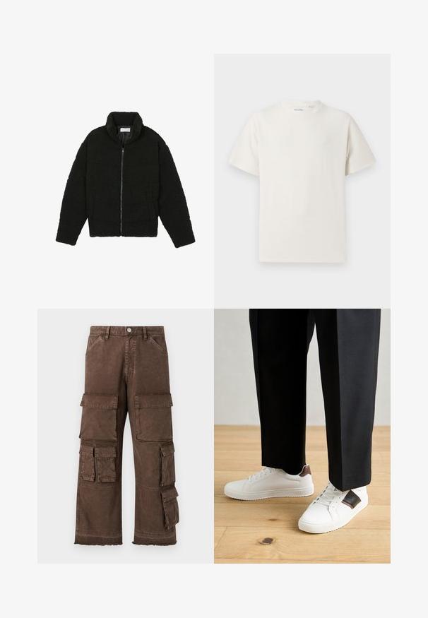 Melnā mākslīgā kažokādas jaka ar augstu apkakli, ar rāvējslēdzēju, elastīgām piedurknēm un kvadrātveida šuvēm. Iespējotas sānu kabatas un mīksta tekstūra.; Balta krūštura īsām piedurknēm ar ribota auduma faktūru. Apaļš kakla izgriezums, brīvs griezums, bez redzamām rakstām vai akcentiem. Vienkāršs un daudzpusīgs dizains.; Brūni cargo bikses ar brīvu piegriezumu, vairākām sānu kabatām un saplēstas apakšmalas dizainu. Izgatavotas no izturīgas, teksturētas auduma nodrošinot ilgmūžību.; Baltā pārsoļa apavi ar gludu tekstūru, papildināti ar brūniem ādas akcentiem un melniem elementiem, savienoti ar melnām pielāgotām biksēm. Koka grīdas fons.