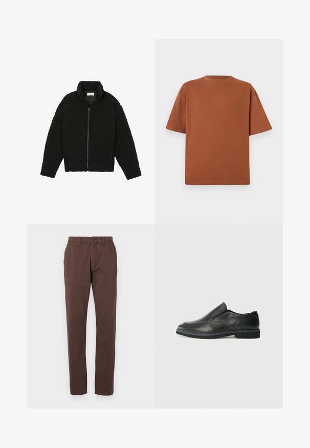 Musta tekokarvalehtijakku korkean kauluksen, vetoketjun, joustavat hihansuut ja tilkkutäkkikuvion. Sisältää sivutaskut ja pehmeän pinnan.; Ruskea puuvillapaita, jossa on pyöreä kaula-aukko, lyhyet hihat ja rento malli. Kankaan pinta on pehmeä ja saumat minimaalisen huomaamattomat.; Ruskeat puuvillachinot suoranlahkeisella designilla, joissa on edessä nappikiinnitys ja sivutaskut. Sileä pinta ja klassinen leikkaus.; Musta nahkainen liukujalkine, jossa on sileä pinta, ommeltuja yksityiskohtia, pyöristetty kärki ja matala kumipohja. Pohjassa on minimaalinen pito.