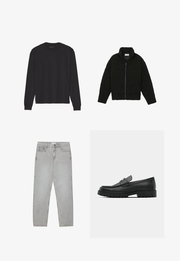 Juoda dirbtinė kailio striukė su aukštu apykakle, užtrauktuku, elastingomis rankovėmis ir siuvinėtu raštu. Su šoninėmis kišenėmis ir švelnia tekstūra.; Juodas ilgomis rankovėmis marškinėliai, pagaminti iš minkštos medvilnės. Turi apvalų iškirpimą ir pūkuotas rankoves, yra laisvo silueto ir be raštų ar grafikų.; Šviesiai pilki džinsai su tiesiu kirpimu, penkiais kišenėmis ir mygtuko uždarymu. Matoma siuvimo linija palei siūles.; Juodi odiniai loaferiai su apvalia nosimi, su siuvinėtu dizainu, žemu platformos padu ir tekstūruotu, sukibimo raštu padu.