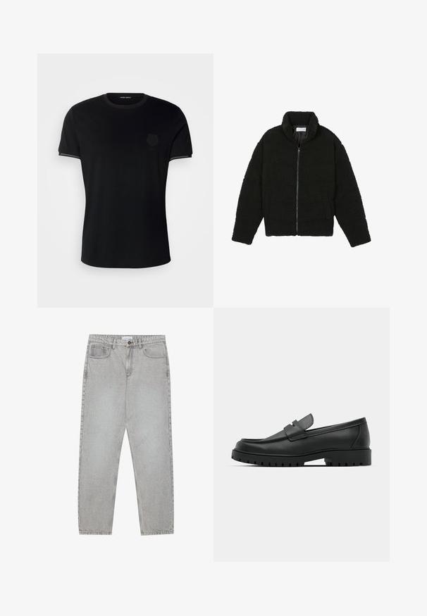 Zwarte faux fur jas met een hoge kraag, ritssluiting, elastische manchetten en een doorgestikt ontwerp. Beschikt over zijzakken en een zachte textuur.; Zwarte t-shirt van katoen, met een ronde hals, korte mouwen en een subtiele reliëflogo op de borst. Platte zoom, zonder patronen.; Lichtgrijze denimbroek met een recht model, vijfzakkenstijl en een knoopsluiting. Zichtbare stiksels langs de naden.; Zwarte leren instappers met een ronde neus, voorzien van een gestikt ontwerp, een lage platformzool en een gestructureerde, grof rubberen buitenzool.