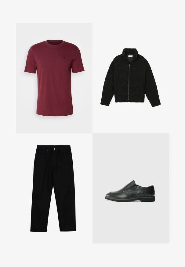 Svart fuskepelsjakke med høy krage, glidelås, elastiske mansjetter og quiltet design. Har sidelommer og en myk tekstur.; Burgunder crew neck t-skjorte i bomullsblanding med korte ermer. Har et lite brodert logo på brystet og glatt tekstur.; Sorte denimbukser med rett benklipp, fem-lomme design og frontknappåpning. Jevn tekstur med minimale sømdetaljer.; Sorte skinn slip-on sko med en jevn overflate, stikking detaljer, rund tå og en lav gummihæl. Sålen har minimal mønstring.