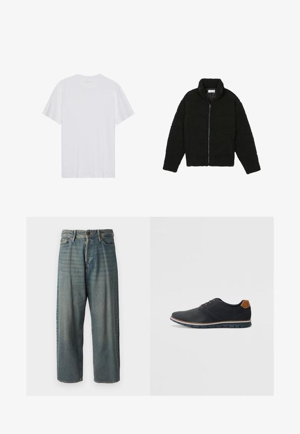 Czarna kurtka z faux futra z wysokim kołnierzem, zapięciem na zamek, elastycznymi mankietami i pikowanym wzorem. Posiada boczne kieszenie i miękką fakturę.; Biała bawełniana koszulka z krótkim rękawem, okrągłym dekoltem i gładką fakturą. Posiada minimalne logo przy dekolcie.; Jasnoniebieskie dżinsy o luźnym kroju, średnim stanie i prostych nogawkach. Posiadają pięć kieszeni, szlufki na pasek oraz zapięcie na guzik.; Czarne syntetyczne buty z fakturowaną cholewką, gładkimi akcentami, brązowym obcasem i kontrastującą podeszwą. Charakteryzują się minimalnym sznurowaniem i detalami w szwach.