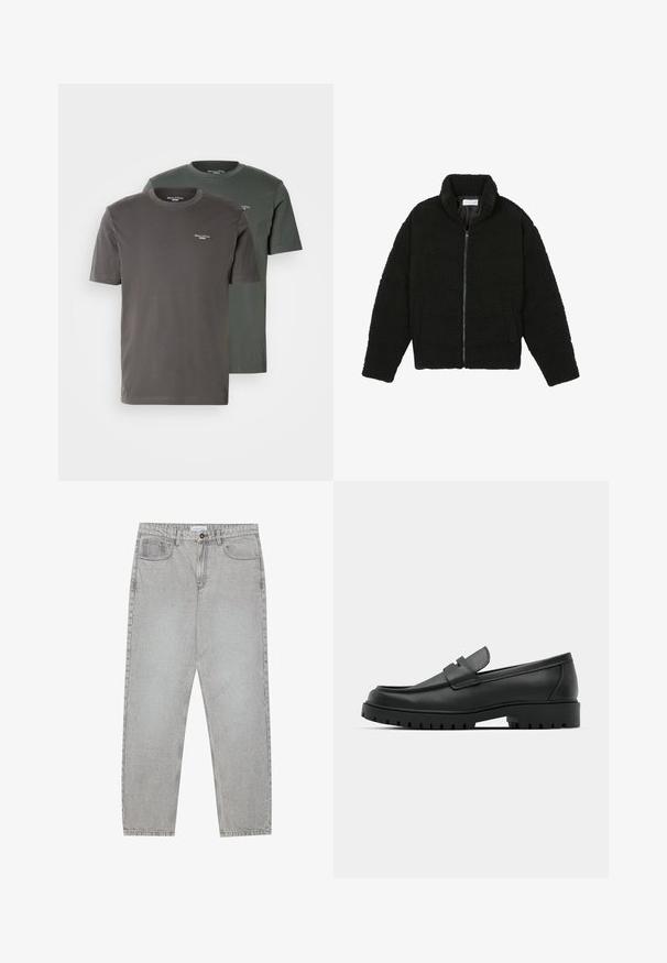 Svart fuskepelsjakke med høy krage, glidelås, elastiske mansjetter og quiltet design. Har sidelommer og en myk tekstur.; To crew-neck t-skjorter i mørkegrå og olivengrønn, laget av myk bomull, med en liten logo på brystet. Korte ermer.; Lys grå denimbukser med rett ben-design, fem lommer og knappelukking. Synlig søm langs sømmene.; Sorte lærloafere med rund tå, med en syddesign, lav plattformsåle og en teksturert, ruggede gummisåle.