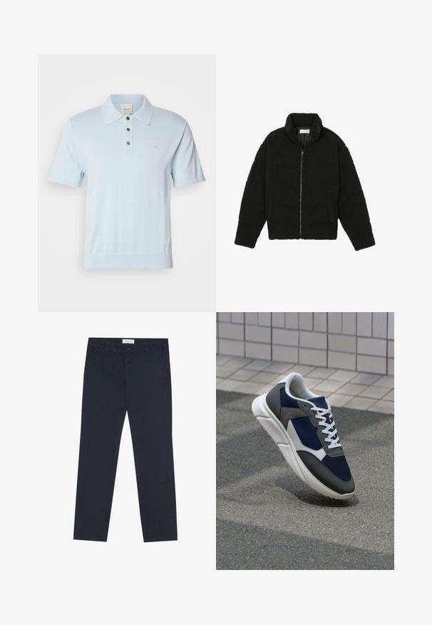 Juoda dirbtinė kailio striukė su aukštu apykakle, užtrauktuku, elastingomis rankovėmis ir siuvinėtu raštu. Su šoninėmis kišenėmis ir švelnia tekstūra.; Šviesiai mėlyna polo marškinėliai su trumpomis rankovėmis, apykakle, trijų mygtukų knygyne ir neįkyria logotipo detale ant krūtinės. Minkšta trikotažinė medžiaga.; Tamsiai mėlyni džinsai, pagaminti iš medvilnės, su glotnia tekstūra, turintys užtrauktuką, dirželių kilpas ir šonines kišenes funkcionalumui.; Sportiniai bateliai su tamsiai mėlynu tinkliniu viršumi, pilkais zomšiniais akcentais, balta guma padanga ir plokščiomis baltomis raištelėmis, sukurti komfortui ir oro pralaidumui.