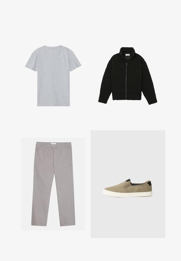 Fekete műszőrme dzseki magas gallérral, cipzáros záródással, rugalmas mandzsettákkal és steppelt mintázattal. Oldalsó zsebekkel rendelkezik, és puha tapintású.; Szürke, rövid ujjú póló, puha pamut keverékből készült, klasszikus kerek nyakkivágással és sima, könnyű textúrával.; Világosszürke pamut nadrág, elasztikus derékrésszel, két oldalsó zsebbel, egyenes szárú kialakítással és sima textúrával. Egyszerű varrási részlet.; Taupe slip-on cipők texturált szövet felsőrésszel, kontrasztos fekete sarokkal és fehér gumitalppal. Perforált dizájn a lélegzőképesség érdekében.