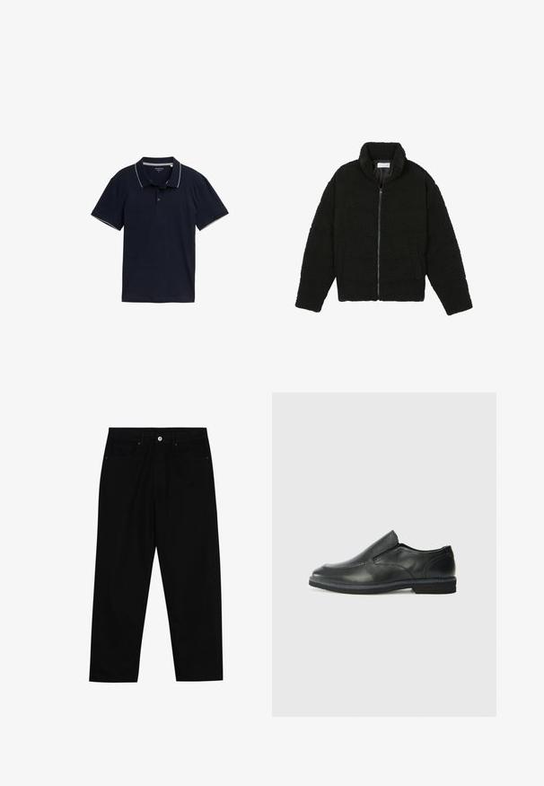 Svart faux fur-jacka med hög krage, dragkedjestängning, elastiska manschetter och ett kviltat mönster. Har sidofickor och en mjuk textur.; Marinblå polo skjorta i bomull, med klassisk krage, tre-knapps knäppning och kontrasterande ljusgrå kant på krage och ärmar.; Svarta denimbyxor med rak passform, femficksdesign och framknäppning. Slät textur med minimala sömdetaljer.; Svart lädersko i slip-on-modell med en slät ovandel, sömnadsdetaljer, rund tå och låg gummihäl. Sulan har minimal mönstring.