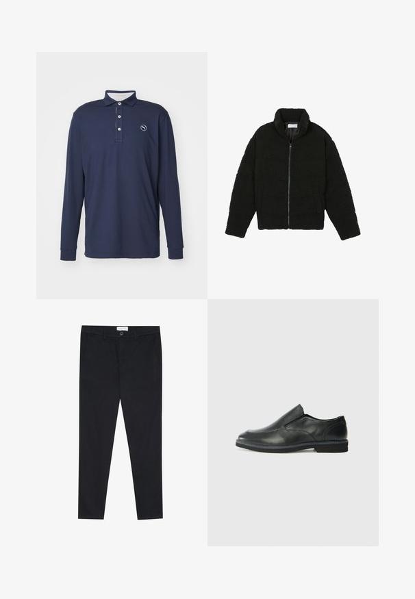 Juoda dirbtinė kailio striukė su aukštu apykakle, užtrauktuku, elastingomis rankovėmis ir siuvinėtu raštu. Su šoninėmis kišenėmis ir švelnia tekstūra.; Jūrinės tamsiai mėlynos ilgomis rankovėmis polo marškiniai, pagaminti iš minkštos medžiagos, su apykaklės iškirpte, trijų mygtukų užsegimu ir logotipu kairėje krūtinės pusėje.; Juodos kelnes su tiesia kojos linija, pagamintos iš medvilnės audinio. Yra dvi priekinės kišenės ir mygtuko užsegimas juosmenyje.; Juodai odiniai įtvirtinimo batai su lygiu paviršiumi, siuvinėjimo akcentais, apvalia nosimi ir žemu guminiu kulnu. Pado raštas minimalus.