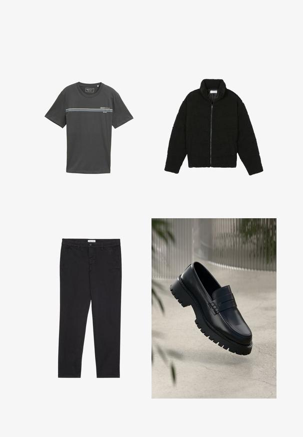 Juoda dirbtinė kailio striukė su aukštu apykakle, užtrauktuku, elastingomis rankovėmis ir siuvinėtu raštu. Su šoninėmis kišenėmis ir švelnia tekstūra.; Pilkas medvilninis marškinėliai su trumpomis rankovėmis, apvalia kaklo iškirpte, puošti horizontaliomis juostelėmis mėlynos, baltos ir žalios spalvų kryžiumi per krūtinę, su atspausdintu logotipu.; Juodos medvilnės kelnės su siauru pjūviu, turinčios dvi šonines kišenes ir priekinį mygtuko užsegimą. Audinys tekstūruotas su subtiliomis detalėmis.; Juodi odiniai loafai su storesniu pado protektoriumi, turintys dekoratyvinę juostelę ir siuvinėjimo detales. Lygi tekstūra su blizgiu paviršiumi.