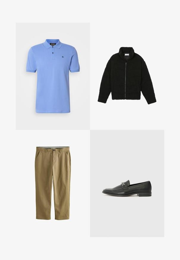 Fekete műszőrme dzseki magas gallérral, cipzáros záródással, rugalmas mandzsettákkal és steppelt mintázattal. Oldalsó zsebekkel rendelkezik, és puha tapintású.; Világoskék pamut póló, gombos nyakkal, rövid ujjakkal, bordázott gallérral és egy kicsi hímzett logóval a mellrészen.; Khaaki chino nadrág pamut keverékből, két oldalsó zsebből, gombos záródással, egyenes szabással és sima textúrával.; Fekete bőr loaferek sima felülettel, varrott mintával és díszítő fém lánccal a cipő elején. Lapos sarok.