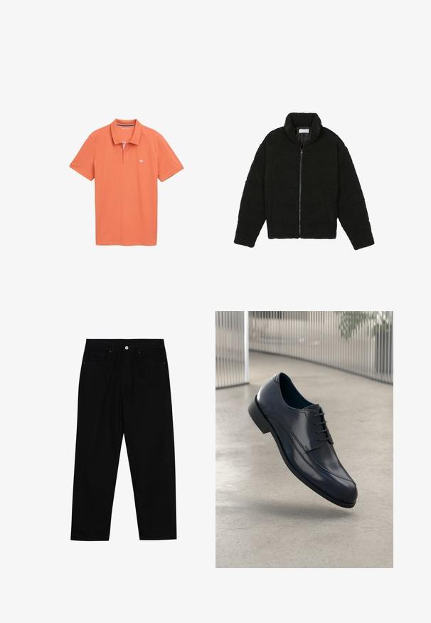 Jachetă din blană sintetică neagră, cu guler înalt, închidere cu fermoar, manșete elastice și un design matlasat. Dispune de buzunare laterale și o textură moale.; Polo cu mânecă scurtă, de culoare portocalie, confecționat din bumbac moale. Are un guler în dungi cu două nasturi, un logo subtil pe piept și un tiv drept.; Pantaloni negri din denim cu croială dreaptă, design cu cinci buzunare și închidere frontală cu nasture. Textură netedă cu detalii de cusătură minime.; Pantofii eleganți din piele veritabilă neagră, cu șireturi, plutind deasupra unui podea netedă, de culoare gri deschis, cu bare metalice verticale în fundal.