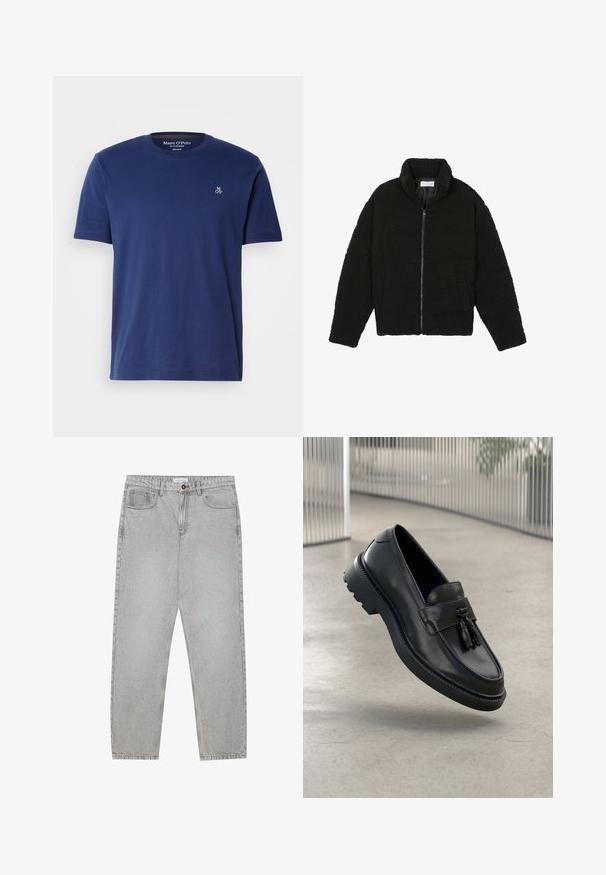 Svart fuskepelsjakke med høy krage, glidelås, elastiske mansjetter og quiltet design. Har sidelommer og en myk tekstur.; Navy blå t-skjorte i bomull med korte ermer, rund hals og liten brodert logo på brystet, med en vanlig passform.; Lys grå denimbukser med rett ben-design, fem lommer og knappelukking. Synlig søm langs sømmene.; Svarte skinnloafers med jevn finish, dekorativ dusk, tykk gummisåle og syede detaljer. Lettvektig og elegant design.