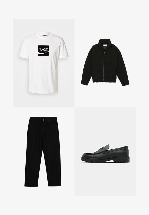 Schwarze Kunstpelzjacke mit hohem Kragen, Reißverschluss, elastischen Bündchen und gestepptem Design. Verfügt über seitliche Taschen und eine weiche Textur.; Weißes Baumwoll-T-Shirt mit einem schwarzen quadratischen Grafikdesign, das das Coca-Cola-Logo und ein Wellenmuster in Weiß zeigt, mit kurzen Ärmeln und einem runden Ausschnitt.; Schwarze Jeans mit geradem Schnitt, Fünf-Taschen-Design und einem vorderen Knopfverschluss. Glatte Textur mit minimalen Nähten.; Schwarze Lederloafer mit runder Zehenform, ausgestattet mit einem gesteppten Design, niedrigem Plattformsohle und einer strukturierten, genoppten Gummisohle.
