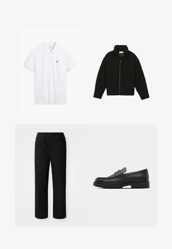 Μαύρη ψεύτικη γούνα τζάκετ με ψηλό γιακά, φερμουάρ, ελαστικούς καρπούς και σχεδίαση με κουβέρτα. Περιλαμβάνει πλαϊνές τσέπες και μαλακή υφή.; Λευκή μπλούζα πόλο από βαμβάκι. Διαθέτει τρία κουμπιά μπροστά, κοντά μανίκια και ένα μικρό κόκκινο λογότυπο Levi's στο αριστερό στήθος.; Μαύρο βαμβακερό παντελόνι με χαλαρή εφαρμογή, ελαστική μέση, δύο εμπρός τσέπες και ίσια πόδια. Λείος υφασμάτινος ιστός χωρίς ορατά σχέδια.; Μαύρα δερμάτινα λουστρίνια με στρογγυλή μύτη, που διαθέτουν ραμμένο σχέδιο, χαμηλή πλατφόρμα και υφή με λαστιχένια σόλα με προεξοχές.