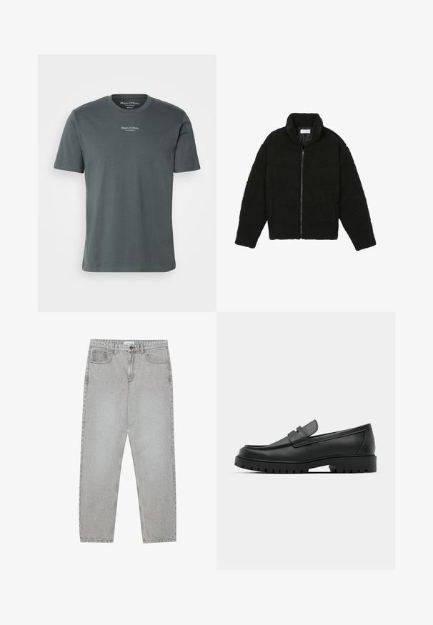 Čierna umelá kožušinová bunda s vysokým golierom, zipsom, elastickými manžetami a prešívaným dizajnom. Má bočné vrecká a jemnú textúru.; Tmavošedé bavlnené tričko s okrúhlym výstrihom, krátkymi rukávmi a malým bielym logom potlačeným pri hrudi. Hladká textúra.; Svetlošedé denimové nohavice s rovným strihom, piatimi vreckami a zapínaním na gombík. Viditeľné švy pozdĺž švov.; Čierne kožené mokasíny s okrúhlou špičkou, s prešitým dizajnom, nízkou platformou a textúrovanou, zúbkovanou gumovou podrážkou.