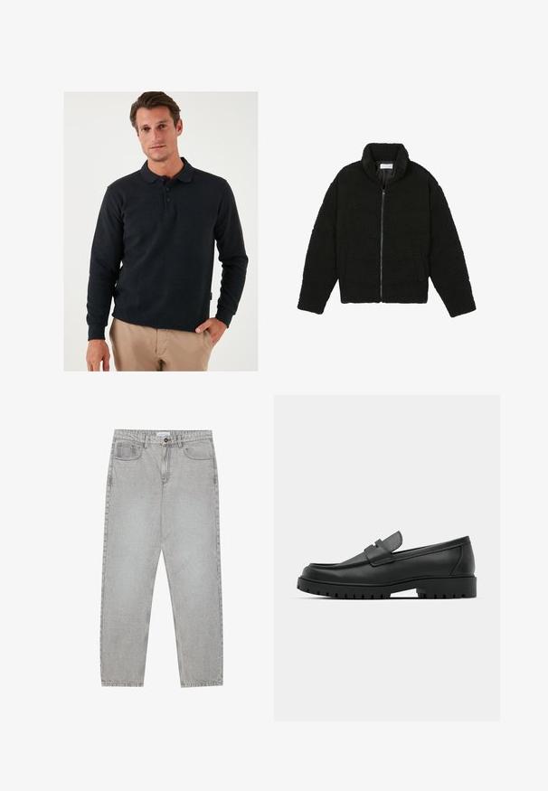 Czarna kurtka z faux futra z wysokim kołnierzem, zapięciem na zamek, elastycznymi mankietami i pikowanym wzorem. Posiada boczne kieszenie i miękką fakturę.; Czarny długi rękaw polo z kołnierzykiem, z trzema guzikami i ściśniętymi mankietami. Gładki materiał z drobną fakturą.; Jasnoszare dżinsy o prostym kroju nogawki, z pięcioma kieszeniami i zapięciem na guzik. Widoczne szwy wzdłuż szwów.; Czarne skórzane mokasyny z zaokrąglonym noskiem, posiadające przeszywany wzór, niską platformę oraz teksturowaną, gumową podeszwę z bieżnikiem.