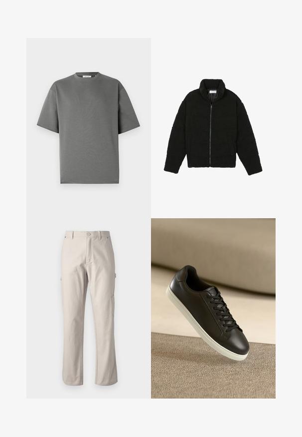 Zwarte faux fur jas met een hoge kraag, ritssluiting, elastische manchetten en een doorgestikt ontwerp. Beschikt over zijzakken en een zachte textuur.; Grijs T-shirt met korte mouwen, gemaakt van zachte katoen, met een ronde halslijn en een relaxte pasvorm met minimale stikseldetails.; Beige cargobroek van stevig katoen met rechte pijpen, voorknopsluiting en zijzakken voor gebruiksgemak. Gladde textuur met subtiele stiksels.; Zwarte leren sneakers met een witte rubberen zool en zwarte veters, gepositioneerd tegen een beige stoffen oppervlak en achtergrond.