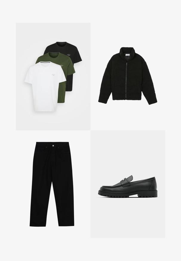 Casaco de pelo sintético preto com gola alta, fecho de zip, punhos elásticos e um design acolchoado. Apresenta bolsos laterais e uma textura suave.; Três t-shirts de manga curta em branco, verde-oliva e preto. Cada uma apresenta um decote redondo e um pequeno logótipo no peito. Feitas de algodão.; Calças de ganga pretas com corte straight-leg, design de cinco bolsos e fecho frontal por botão. Tecido suave com detalhes de costura mínimos.; Sapatilhas de couro preto com bico arredondado, apresentando um design cosido, sola de plataforma baixa e um solado de borracha texturizado e com cravos.