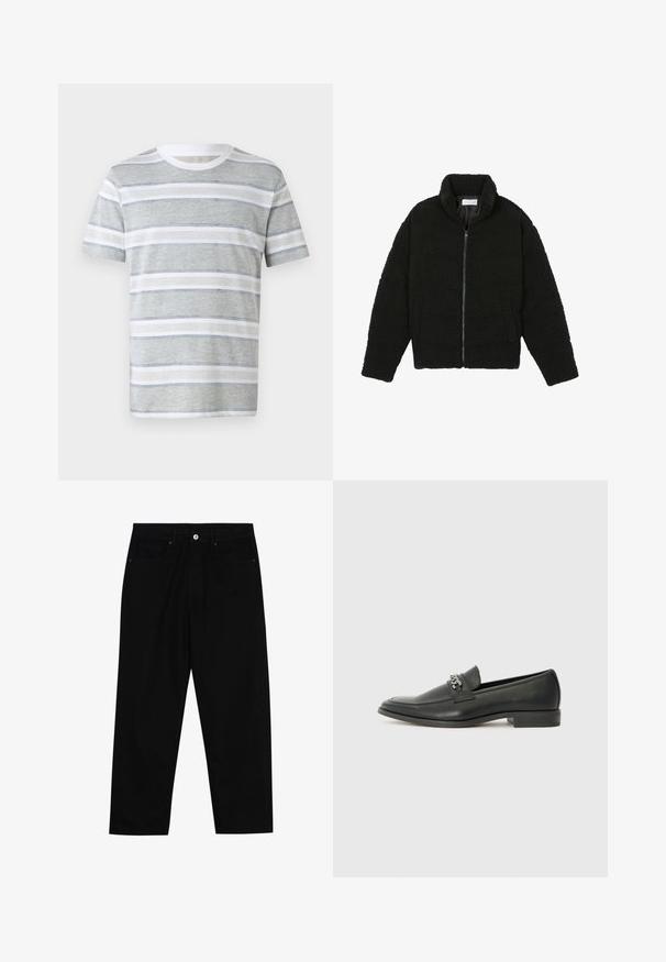 Musta tekokarvalehtijakku korkean kauluksen, vetoketjun, joustavat hihansuut ja tilkkutäkkikuvion. Sisältää sivutaskut ja pehmeän pinnan.; Lyhythihainen raidallinen t-paita vaaleanharmaana ja valkoisena. Sisältää vaakaraitoja, pyöreän kaula-aukon ja pehmeän tekstuurin. Yksinkertainen muotoilu.; Mustat farkut suoraan lahkeella, viisi taskua ja etunappikiinnitys. Sileä rakenne, jossa on vain vähäisiä ompelualueita.; Musta nahkakengät, joissa on sileä pinta, koristeelliset ompeleet ja metalliketjun yksityiskohta kengän päällä. Littee korko.