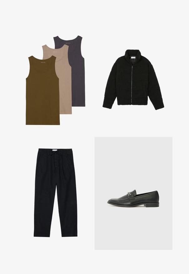 Must must karusnahast jakk kõrge kraega, lukuga sulgemine, elastsed varrukad ja tikandmuster. Omab küljetaskuid ja pehmet tekstuuri.; Kolmikus tank ülikond oliivi rohelises, beežis ja tumehallis. Valmistatud tekstuurilisest kangast, millel on soonikkoes disain ja ümar kaelus.; Pier One Chino-püksid - black; Must haveate nahkking punased, millel on sile viimistlus, tikitud muster ja dekoratiivne metallkett vampi üle. Tasane konts.