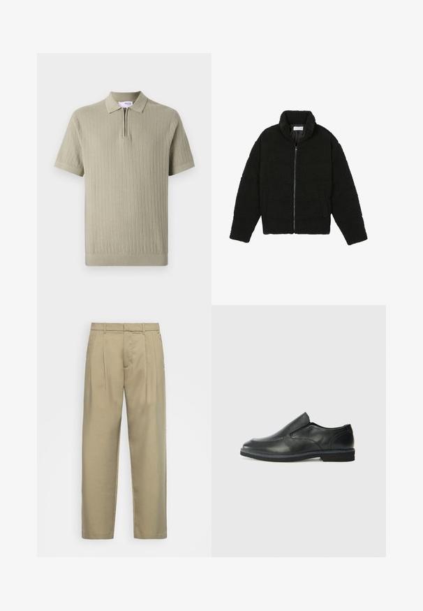 Svart fuskepelsjakke med høy krage, glidelås, elastiske mansjetter og quiltet design. Har sidelommer og en myk tekstur.; Strikket polo skjorte i lys grønn, med glidelåskrage, kortermet og vertikal ribbestruktur. Glatt bomullsblandingsmateriale.; Beige, høytlivs bukser med rett snitt, med flat front, sidelommer og et jevnt, strukturert stoff.; Sorte skinn slip-on sko med en jevn overflate, stikking detaljer, rund tå og en lav gummihæl. Sålen har minimal mønstring.