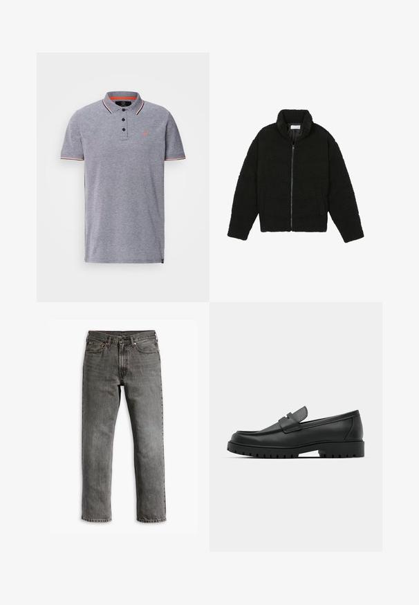 Musta tekokarvalehtijakku korkean kauluksen, vetoketjun, joustavat hihansuut ja tilkkutäkkikuvion. Sisältää sivutaskut ja pehmeän pinnan.; Harmaa poolopaita, jossa on teksturoitu kaulus, kolme nappia edessä ja kontrastoivia punaisia yksityiskohtia kauluksessa ja hihoissa. Pieni logo rinnassa.; Harmaa farkut, joissa on suora lahje, viisi taskua ja messinkiset kiinnityselementit ja yksityiskohdat. Näkyvissä olevan kulutuksen tekstuuri.; Musta nahkaloafers, joissa on pyöreä kärki, ommeltu pinta, matala alusta ja kuvioitu, kuminen ulkopohja.
